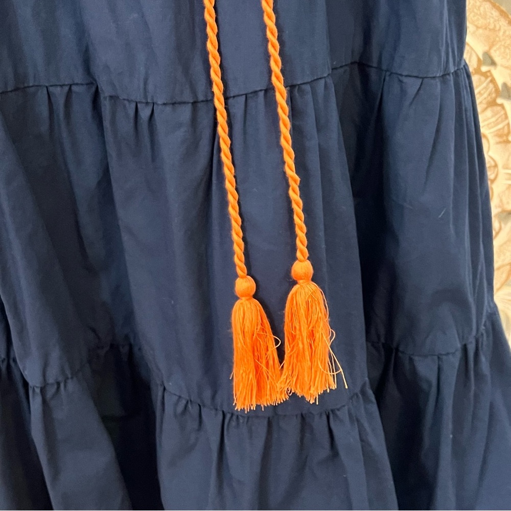 EUC L Love Blue Ruffled Navy Orange Embroidered Tiered Sundress w Tassels S M - Picture 5 of 7